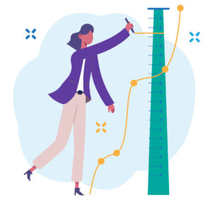 a woman next to a ladder drawing a line near the top of the ladder. designed to show that progress is moving "up"