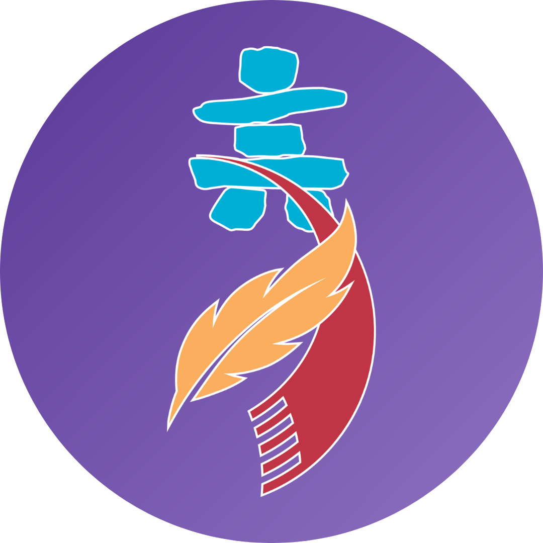 Spirit World icon (Inukshuk, feather and scarf) on a purple circle.
