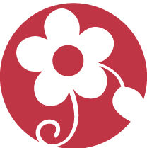 Graphic of a white flower in a red circle. 