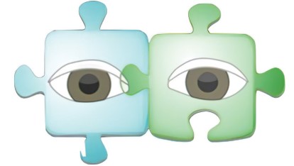 A blue puzzle piece with a brown eye linked to a green puzzle piece with a brown eye. 