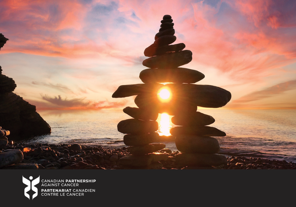 Inukshuk at sunset with CPAC Branding on the boarder. 